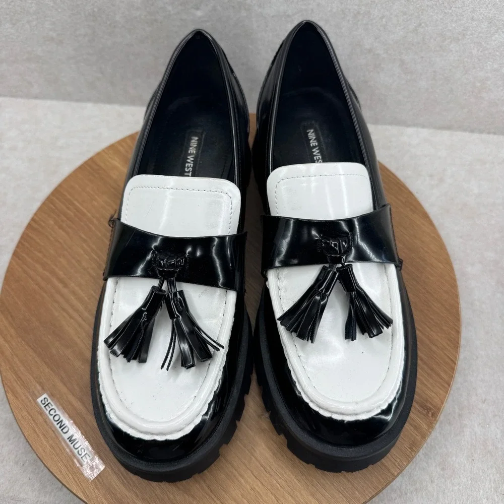 Nine West Garry Platform Loafers 7.5 Black White Tassel Lug Sole Academia Preppy - Picture 5 of 10
